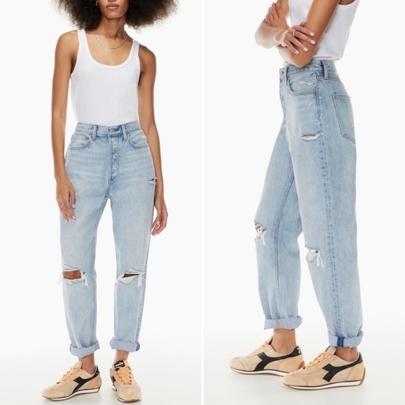 Denim Forum Jeans Pant Aritzia High Boyfriend Loose Distressed Denim Blue 24 - Picture 3 of 14